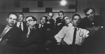Disney's Nine Old Men: (from left to right, top to bottom) Milt Kahl, Marc Davis, Frank Thomas, Eric Larson, Ollie Johnston, John Lounsbery, Ward Kimball, Les Clark and  Wolfgang Reitherman (Image from unofficial Disney Legends fansite)
